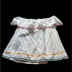 White colorful lined off the shoulder cotton blouse with ruffles